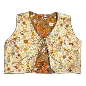 Gorglitter Brown Floral Embroidered Tie Front Vest Boho Cottagecore NWT
